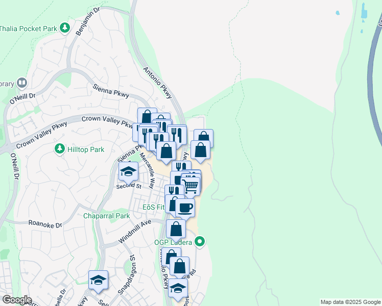 map of restaurants, bars, coffee shops, grocery stores, and more near 27402 Antonio Parkway in Ladera Ranch