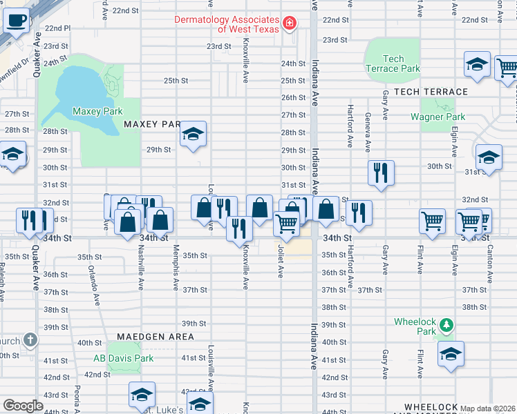 map of restaurants, bars, coffee shops, grocery stores, and more near 3513 32nd Street in Lubbock