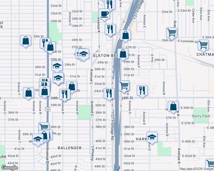 map of restaurants, bars, coffee shops, grocery stores, and more near 3108 Avenue J in Lubbock