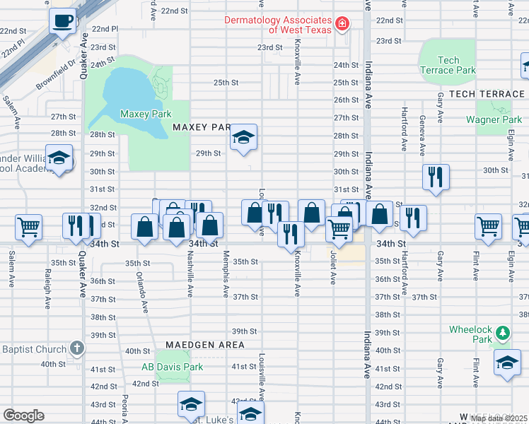 map of restaurants, bars, coffee shops, grocery stores, and more near 3616 32nd Street in Lubbock