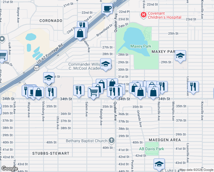 map of restaurants, bars, coffee shops, grocery stores, and more near 4418 32nd Street in Lubbock