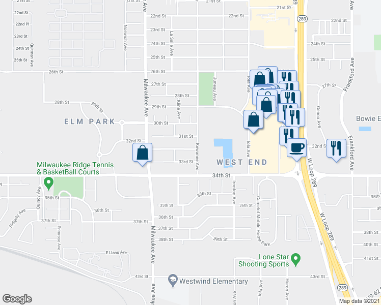 map of restaurants, bars, coffee shops, grocery stores, and more near 6308 32nd Street in Lubbock