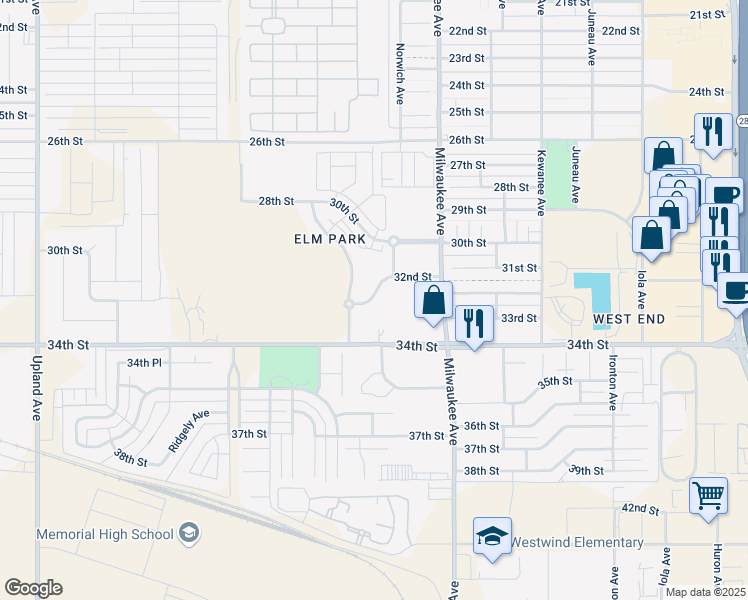 map of restaurants, bars, coffee shops, grocery stores, and more near 32nd Street in Lubbock