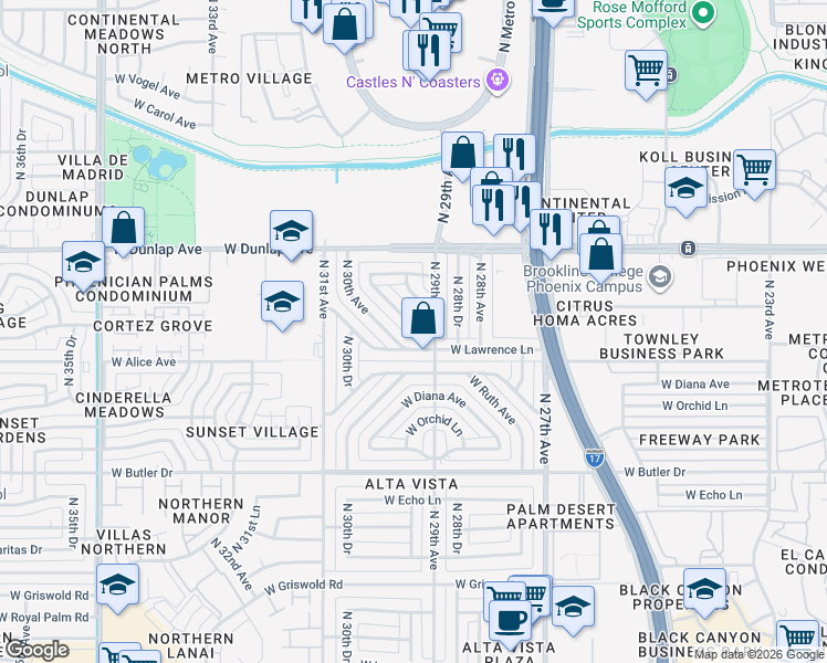 map of restaurants, bars, coffee shops, grocery stores, and more near 2924 West Townley Avenue in Phoenix