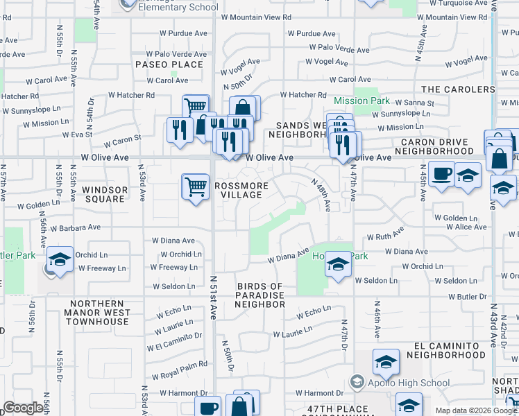 map of restaurants, bars, coffee shops, grocery stores, and more near 4914 West Townley Avenue in Glendale