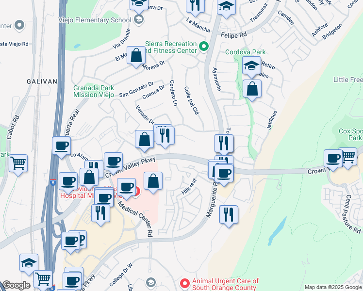 map of restaurants, bars, coffee shops, grocery stores, and more near 27356 Bellogente in Mission Viejo