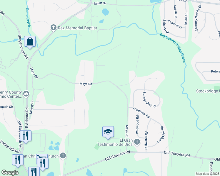 map of restaurants, bars, coffee shops, grocery stores, and more near 349 Mays Road in Stockbridge
