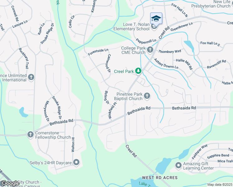 map of restaurants, bars, coffee shops, grocery stores, and more near 6985 Winkfield Place in Atlanta