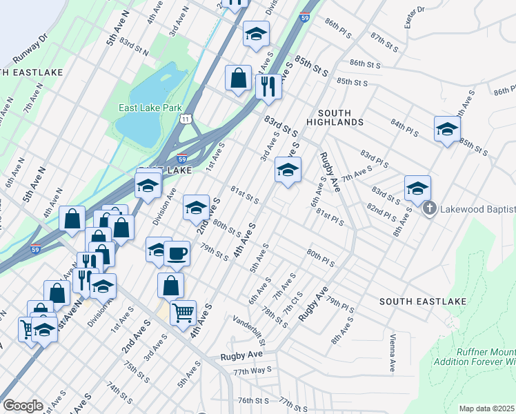 map of restaurants, bars, coffee shops, grocery stores, and more near 309 81st Street South in Birmingham