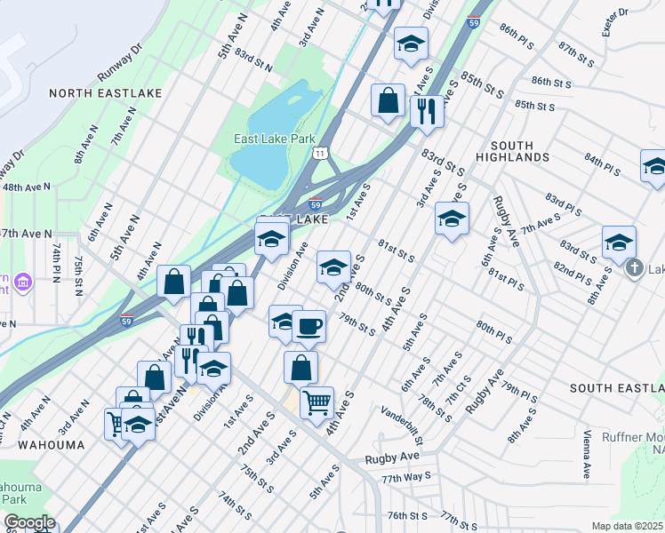 map of restaurants, bars, coffee shops, grocery stores, and more near 8025 1st Avenue North in Birmingham