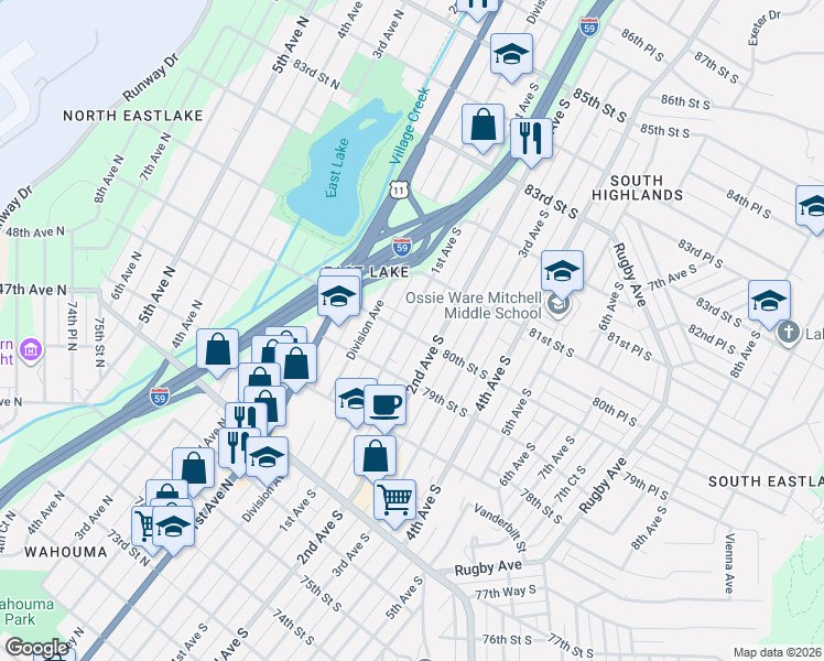 map of restaurants, bars, coffee shops, grocery stores, and more near 8025 1st Avenue North in Birmingham
