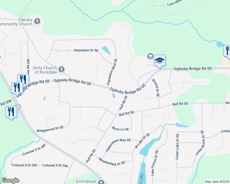 map of restaurants, bars, coffee shops, grocery stores, and more near 389 Oglesby Bridge Road Southeast in Conyers