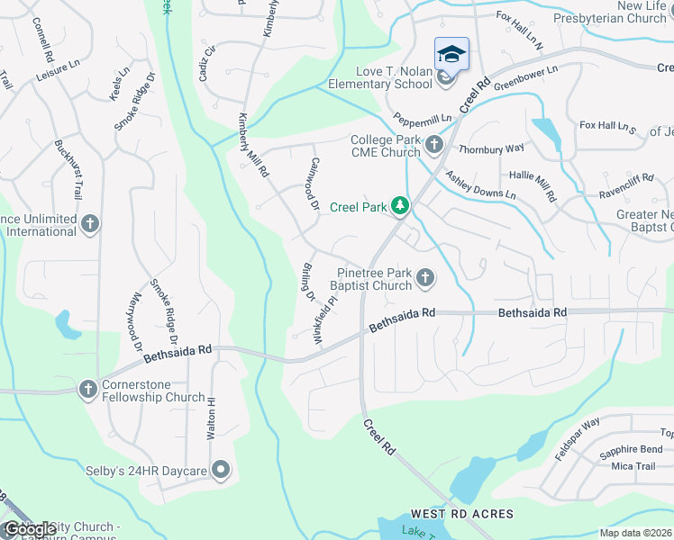 map of restaurants, bars, coffee shops, grocery stores, and more near 7030 Kimberly Mill Road in College Park