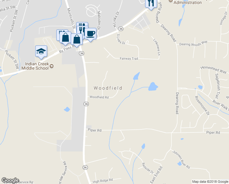 map of restaurants, bars, coffee shops, grocery stores, and more near 75 Woodfield Road in Covington