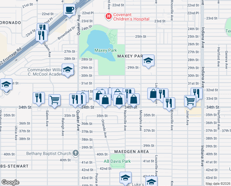 map of restaurants, bars, coffee shops, grocery stores, and more near 4013 32nd Street in Lubbock