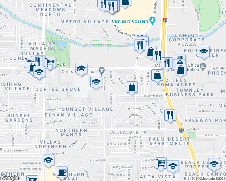 map of restaurants, bars, coffee shops, grocery stores, and more near North 30th Drive in Phoenix