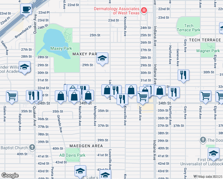 map of restaurants, bars, coffee shops, grocery stores, and more near 3616 32nd Street in Lubbock