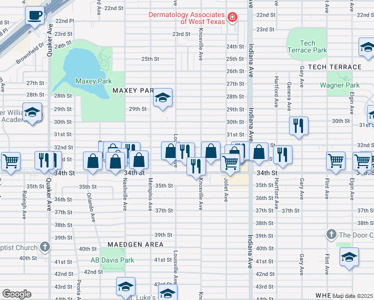 map of restaurants, bars, coffee shops, grocery stores, and more near 3611 32nd Street in Lubbock