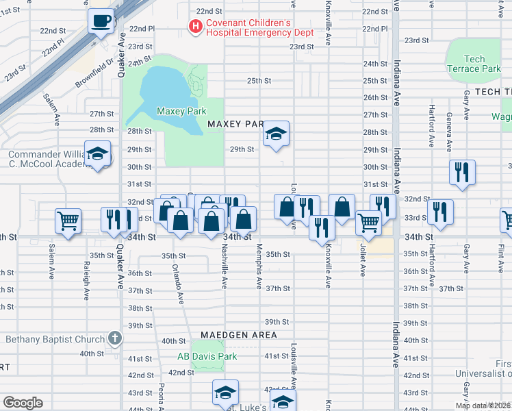 map of restaurants, bars, coffee shops, grocery stores, and more near 3801 32nd Street in Lubbock