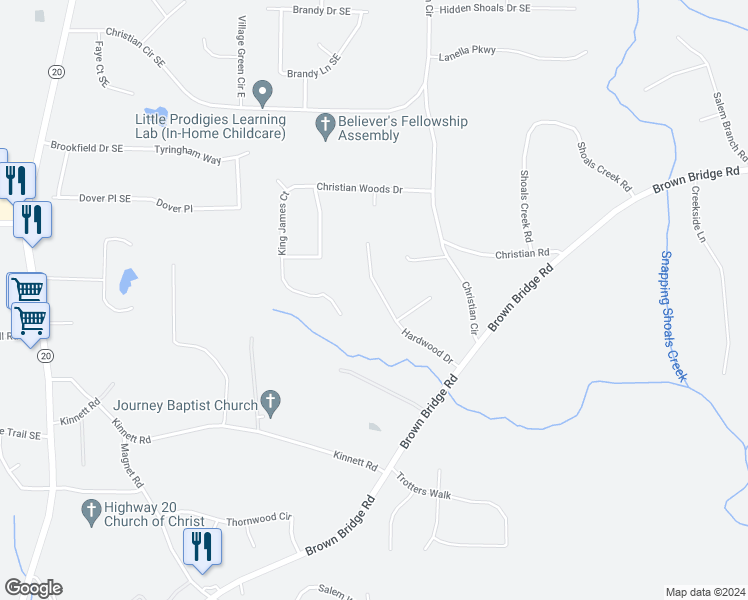 map of restaurants, bars, coffee shops, grocery stores, and more near 135 Hardwood Drive in Covington