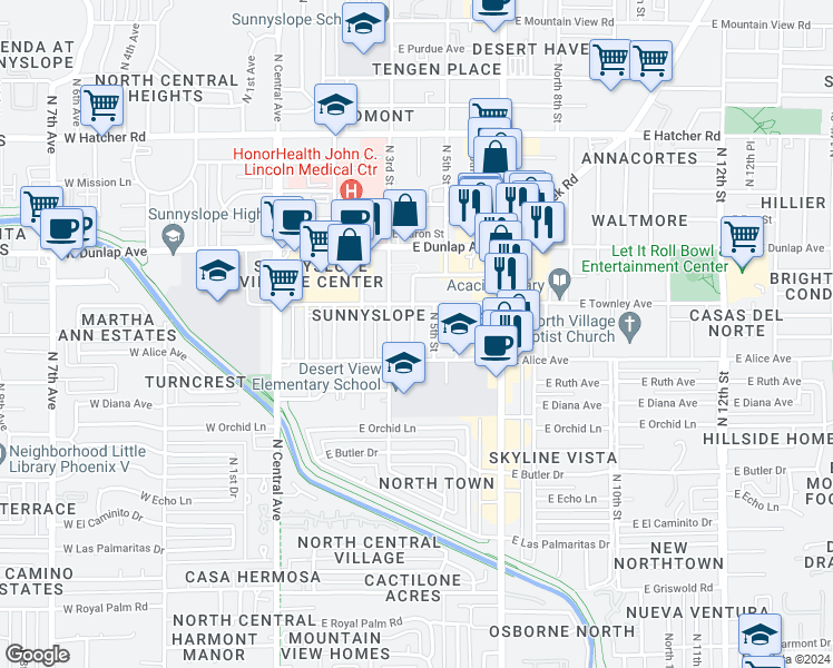map of restaurants, bars, coffee shops, grocery stores, and more near 8821 North 4th Street in Phoenix