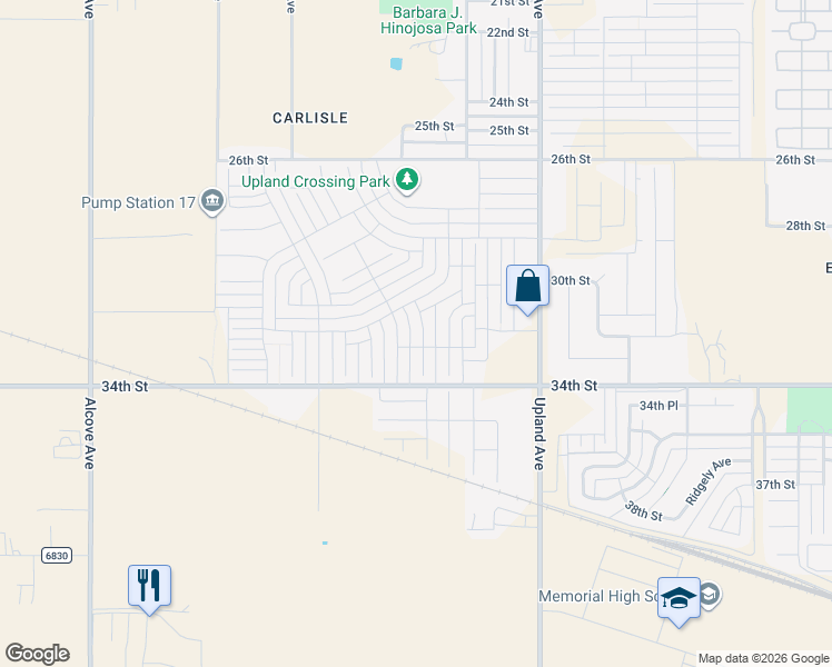 map of restaurants, bars, coffee shops, grocery stores, and more near 32nd Street in Lubbock