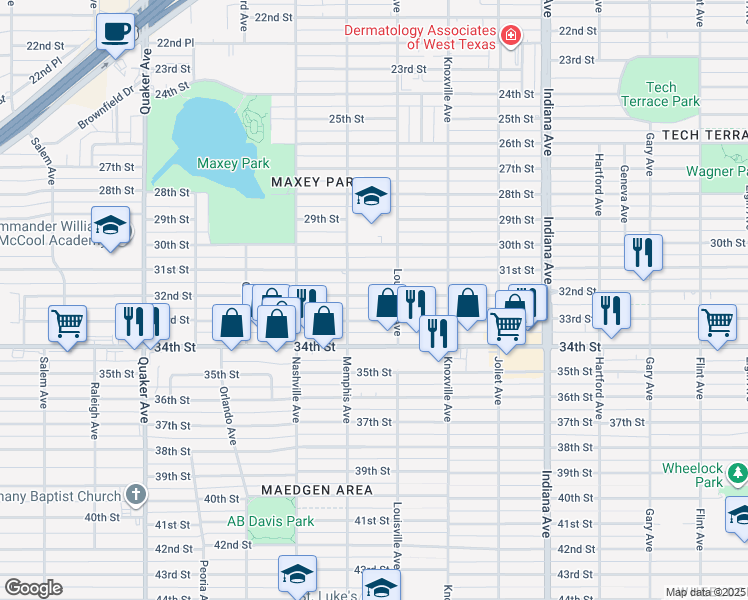 map of restaurants, bars, coffee shops, grocery stores, and more near 3708 32nd Street in Lubbock