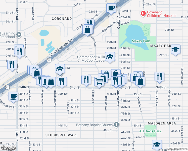 map of restaurants, bars, coffee shops, grocery stores, and more near 4614 32nd Street in Lubbock