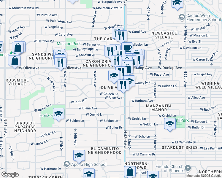 map of restaurants, bars, coffee shops, grocery stores, and more near 4410 West Townley Avenue in Glendale