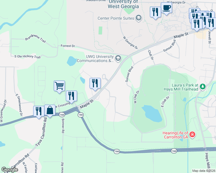 map of restaurants, bars, coffee shops, grocery stores, and more near 102 Melrose Park in Carrollton