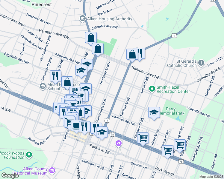map of restaurants, bars, coffee shops, grocery stores, and more near 333 Chesterfield Street North in Aiken