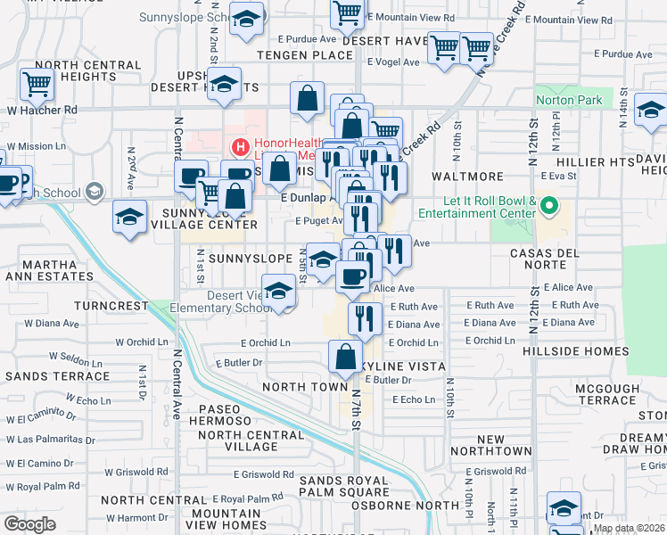 map of restaurants, bars, coffee shops, grocery stores, and more near 8840 North 6th Place in Phoenix