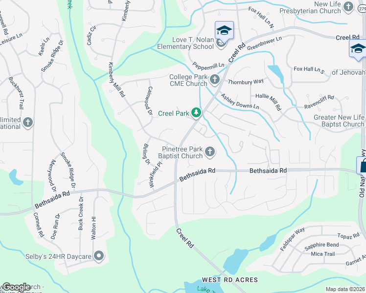 map of restaurants, bars, coffee shops, grocery stores, and more near 3005 Creel Road in College Park