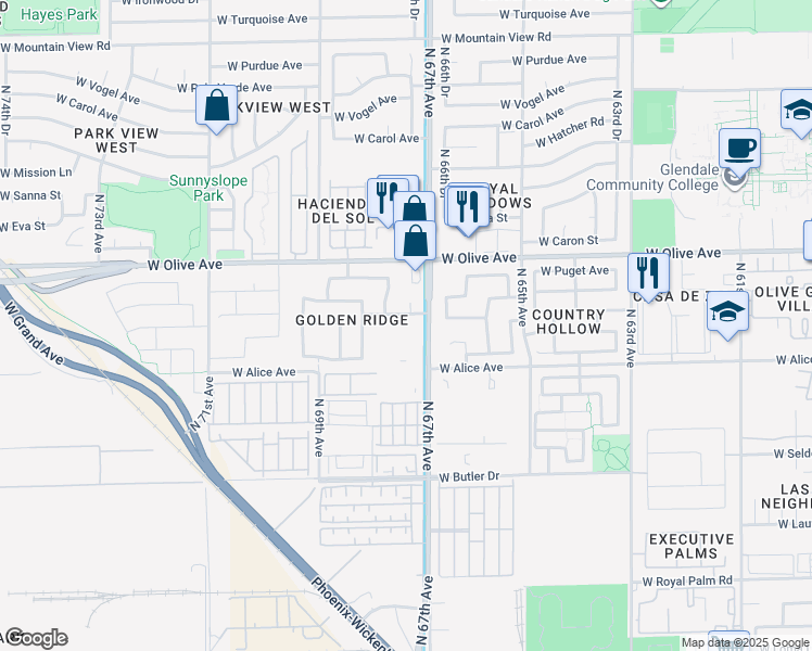 map of restaurants, bars, coffee shops, grocery stores, and more near 6735 West Golden Lane in Peoria