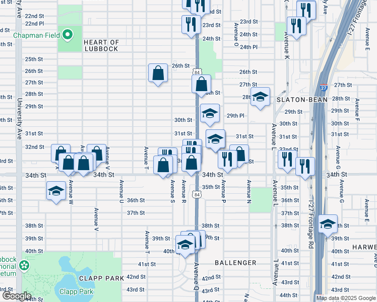 map of restaurants, bars, coffee shops, grocery stores, and more near 1706 32nd St in Lubbock