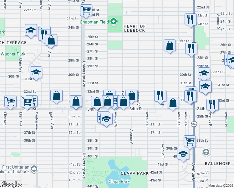 map of restaurants, bars, coffee shops, grocery stores, and more near 2314 32nd Street in Lubbock