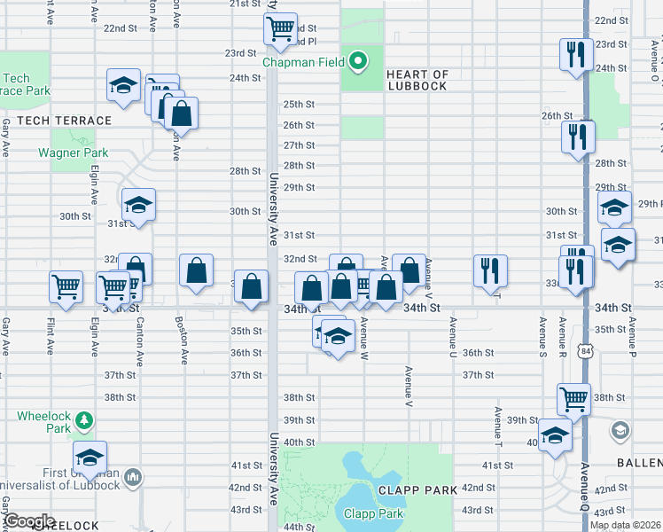 map of restaurants, bars, coffee shops, grocery stores, and more near 2408 32nd Street in Lubbock