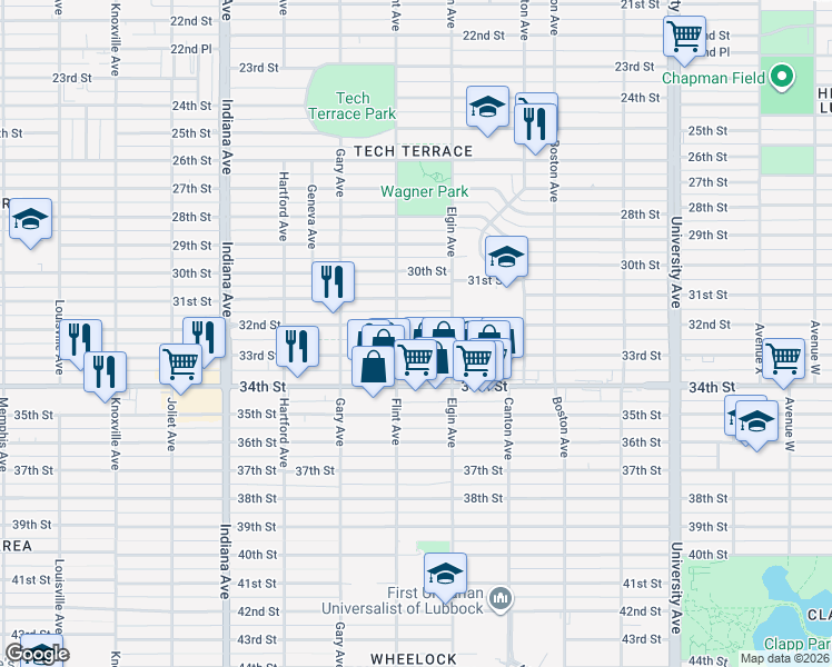map of restaurants, bars, coffee shops, grocery stores, and more near 3008 32nd Street in Lubbock