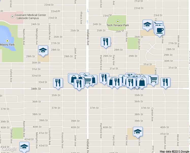 map of restaurants, bars, coffee shops, grocery stores, and more near 3304 32nd Street in Lubbock