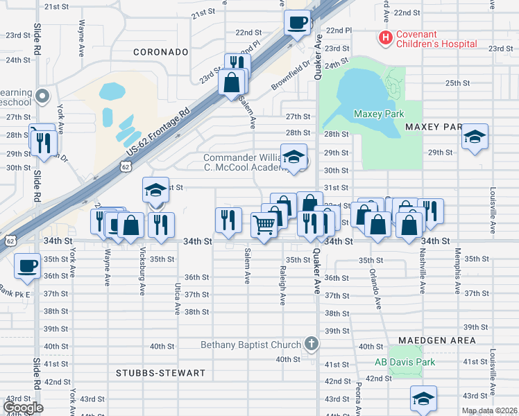 map of restaurants, bars, coffee shops, grocery stores, and more near 4430 32nd Street in Lubbock