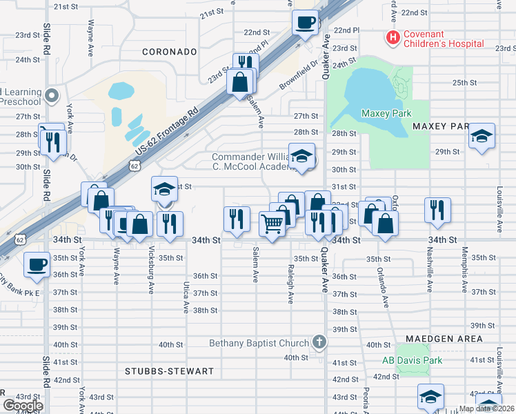 map of restaurants, bars, coffee shops, grocery stores, and more near 4614 32nd Street in Lubbock