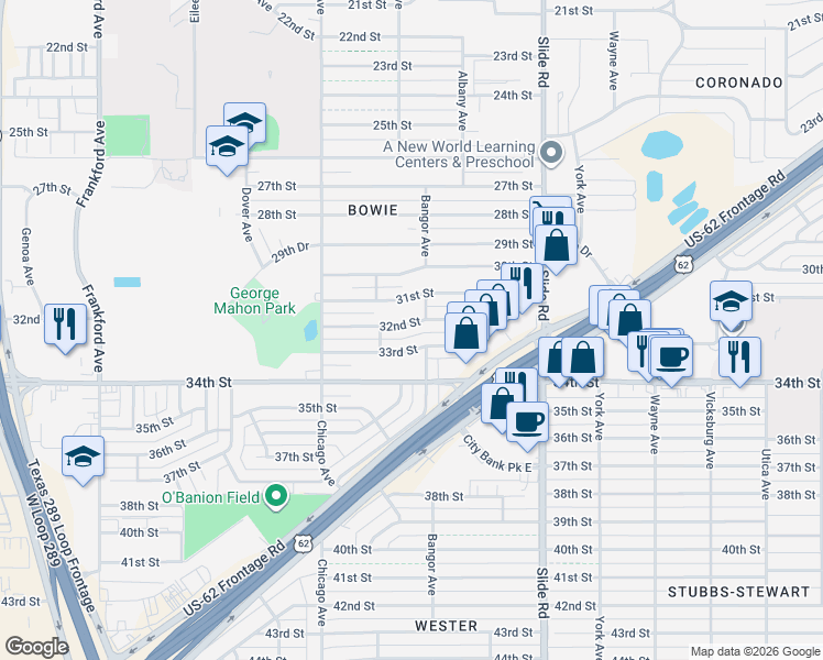 map of restaurants, bars, coffee shops, grocery stores, and more near 5410 32nd Street in Lubbock