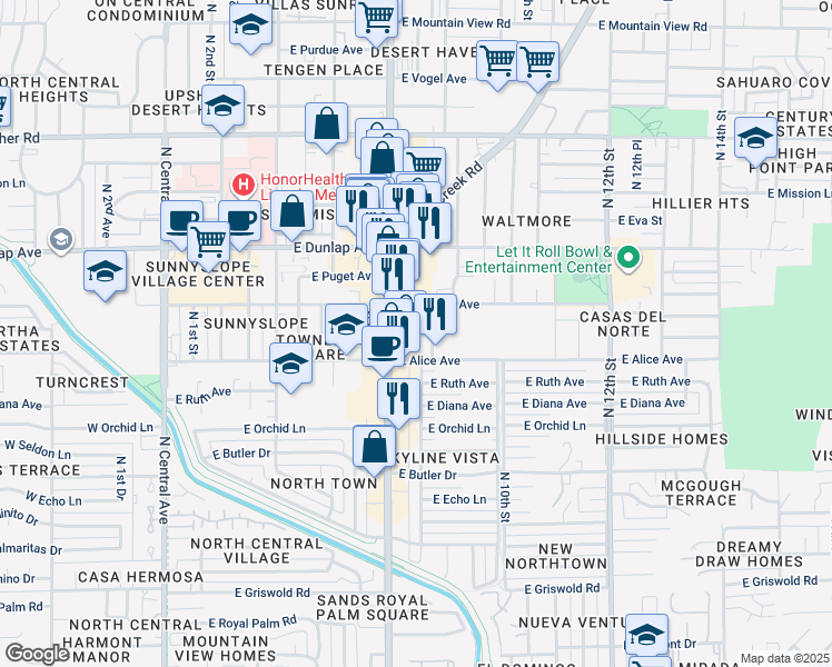 map of restaurants, bars, coffee shops, grocery stores, and more near 8841 North 8th Street in Phoenix
