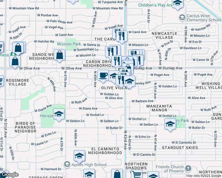 map of restaurants, bars, coffee shops, grocery stores, and more near 4410 West Townley Avenue in Glendale