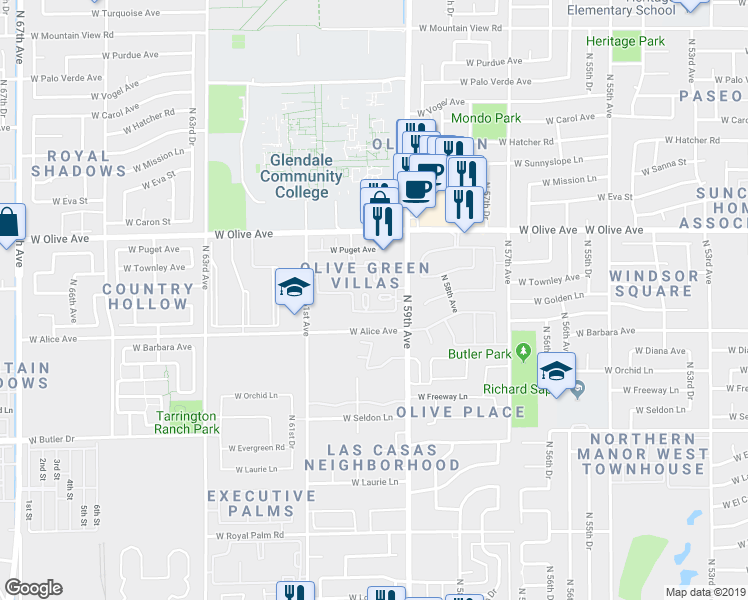 map of restaurants, bars, coffee shops, grocery stores, and more near 5943 West Townley Avenue in Glendale
