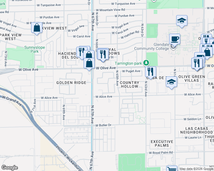 map of restaurants, bars, coffee shops, grocery stores, and more near 6618 West Golden Lane in Glendale