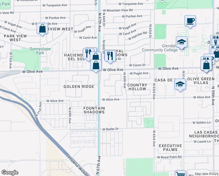 map of restaurants, bars, coffee shops, grocery stores, and more near 6618 West Golden Lane in Glendale