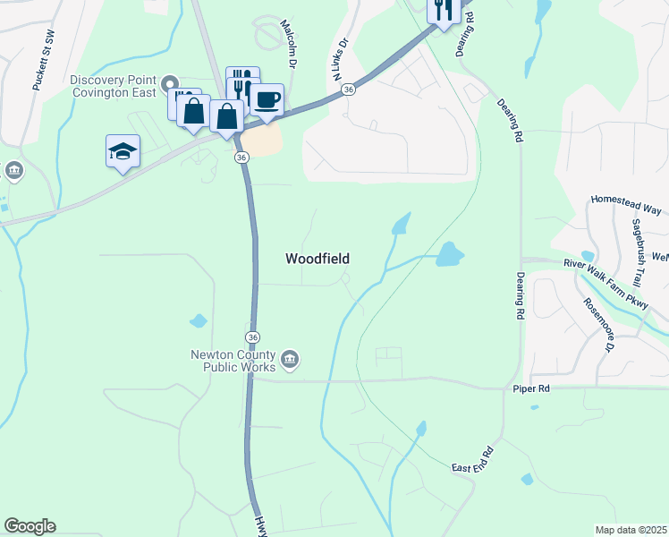 map of restaurants, bars, coffee shops, grocery stores, and more near 75 Woodfield Road in Covington