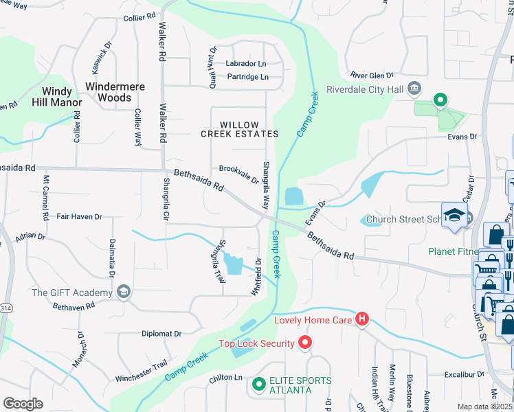 map of restaurants, bars, coffee shops, grocery stores, and more near 1241 Bethsaida Road in Riverdale