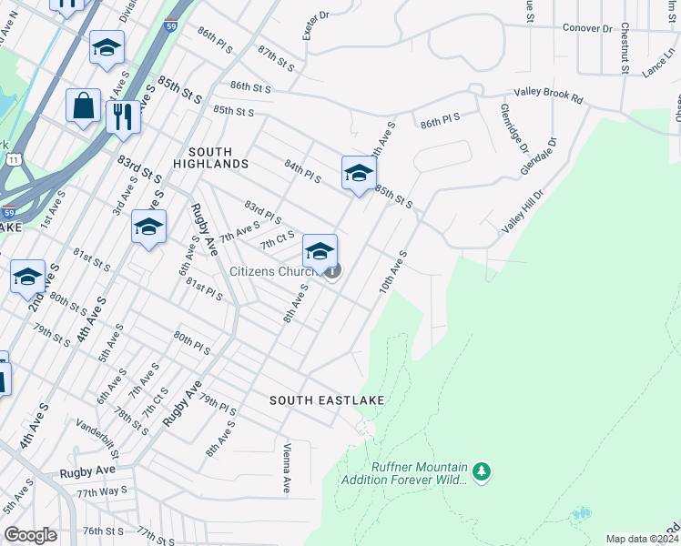 map of restaurants, bars, coffee shops, grocery stores, and more near 8321 8th Avenue South in Birmingham